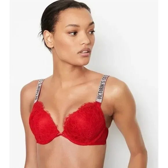 Victoria's Secret Bombshell Add-2-Cups Push-up Bra Red Lace Shine‎ Strap 38C NWT